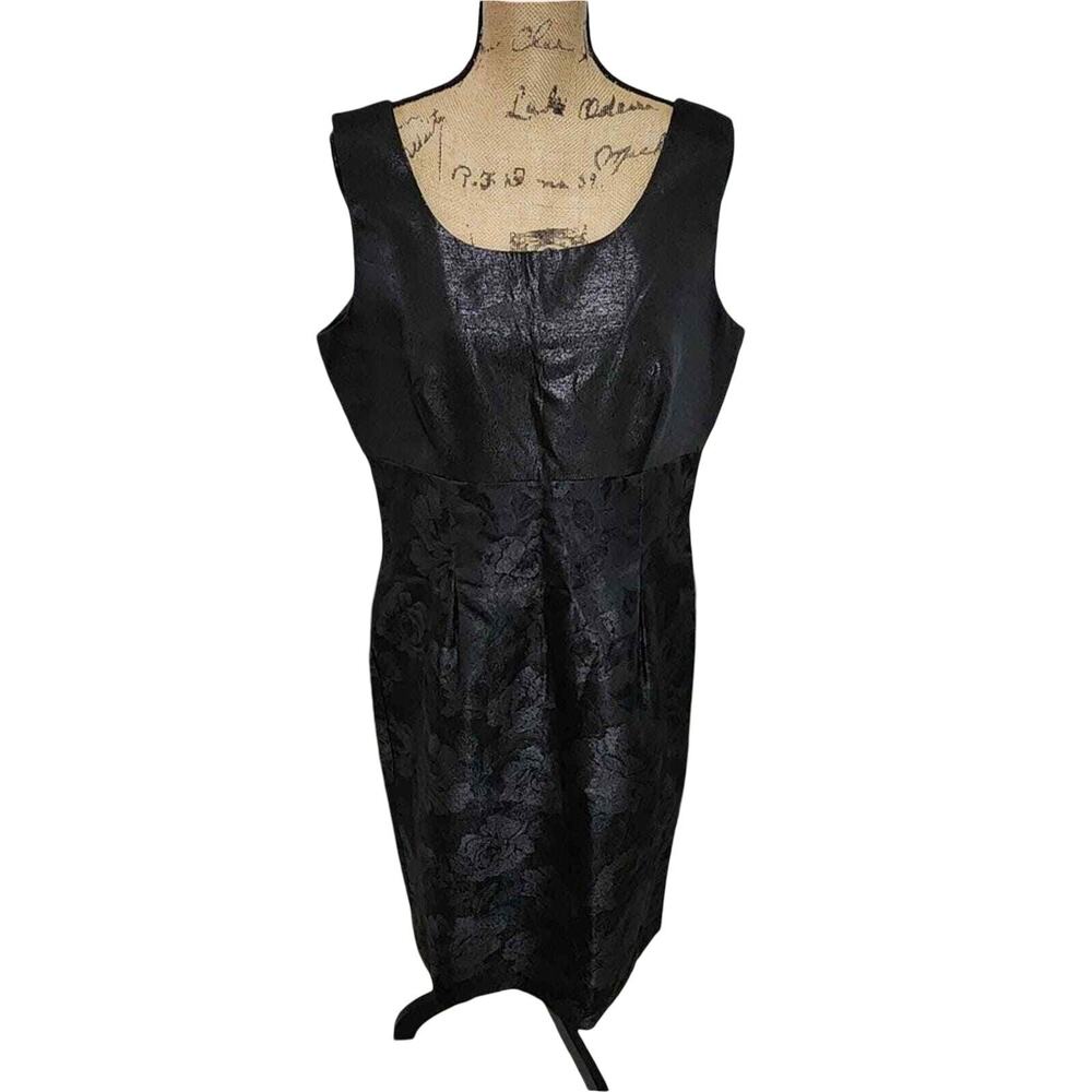 VICTOR COSTA Vintage Black Floral Metallic Brocade Sleeveless Sheath Dress Sz 14